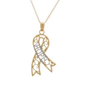 10k Two-Tone Gold Filigree Cancer Hope Ribbon Charm Pendant Necklace